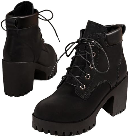 ZPLMIDE Stivaletti da donna con tacco grosso, con lacci, comodi, alla moda, con plateau, tacco alto, scarpe casual, Nero , 37 EU