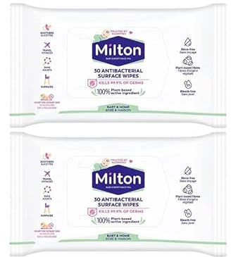 The Nexus Globe Milton Antibacterial Surface Wipes (2 x 30 Wipes) Baby Safe Disinfectant for Toyas Soothers & Highchairs Plant Based No Rinse Formula