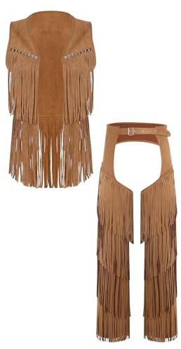 CHICTRY Men Adult Tiered Tassel Vest And Chaps 2-piece Set Bottomless Leggings Cowboy Outfit Brown L