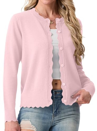 GRECERELLE Cardigan court pour femme avec col rond et boutons - Léger - Manches longues - Cardigan décontracté - Ourlet côtelé - Cardigan pour femme