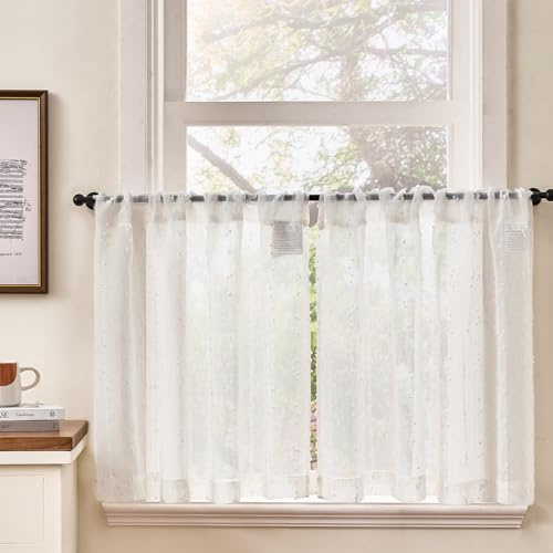 TOPICK Skivgardiner uppsättning av 2 bistrogardiner med prickar linne lantlig stil boho kort gardin halvtransparent, H 60 x B 90 (cm) linneutseende gardiner med dragsko köksgardin vardagsrum vit