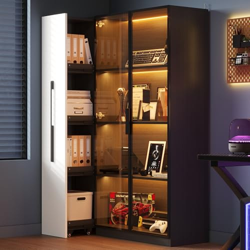Merax Libreria con ante in vetro, armadietto multifunzione alto 160 cm, vetrina in vetro con illuminazione a LED e scaffale estraibile, nero, 110,5 x 35 x 160 cm