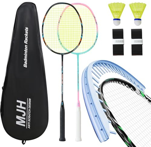 MANJHONG Badminton Set with 2 Graphite Rackets - Anti Scratch Design - Badminton Racket Set for Adults, Incl. Shuttlecock, Grip Tape & Racquet Bag, Black+Pink