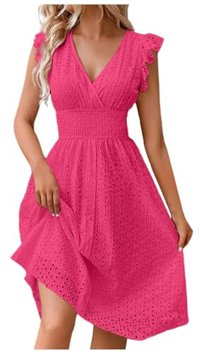 JISOUKIN Robe Ete Boheme D'été Robe Plage Courte sans Manches Vetement Femme Fluide Col V Taille Haute Summer Dress S-XXL