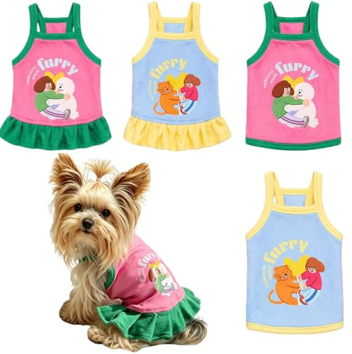 Yaopelky 4 Pack Small Dog Clothes Set Include 2 Pcs Pet Dress with Ruffle and 2 Pcs Adorable Dog T Shirt Puppy Outfits Doggy Summer Shirts Pet Clothes for Yorkie Chihuahua Maltese (S(1.5-2.5kg))