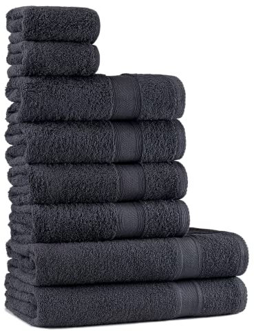 Tuiste Handtücher Set |%100 Baumwolle, 8 Teilig | 2X Badetücher Set, 4X Handtücher, 2X Gästetücher | Weich und Saugstark | Farbe : Anthrazit Grau
