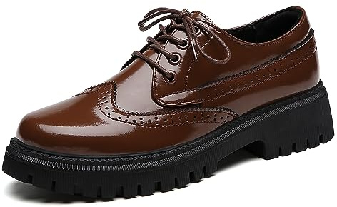 Oxford Shoes for Women Platform Lace-up Round Toe Patent Leather Shoes for Women's Classic Comfy Business Casual Outfits Slip on Work Office Dress Saddle Shoe for Ladies Girls Brown US 8.0