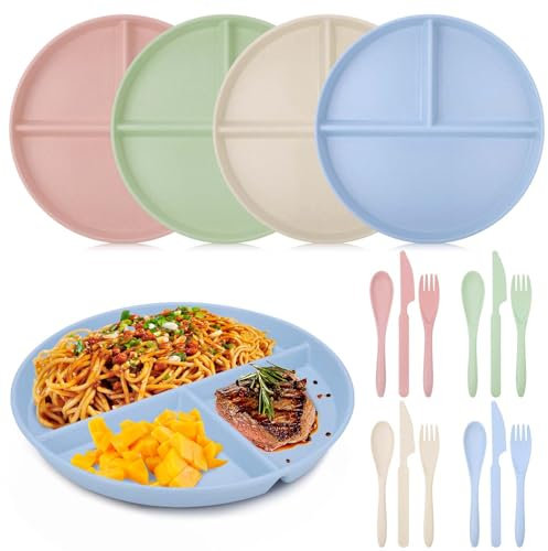 Hejo 4 Stück Geteilte Speiseteller Sets, Teller mit Unterteilung, Wiederverwendbare Frühstücksteller, Geschirr Set aus PP für Familie, Picknick, Grillen (Durchmesser: 23cm)
