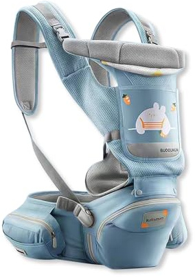 SONARIN Ligera Multifuncional Mochila Portabebés con Asiento de Cadera,Portabebés Ergonómico Transpirable Portador de Bebé Multiposición para Recién Nacidos 0-36 Meses(Azul Claro)