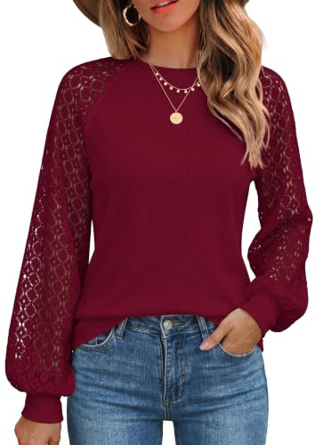 Zeagoo Camicetta da donna a maniche lunghe, elegante tunica in pizzo, scollo rotondo, maniche raglan waffle, camicetta pullover sottile