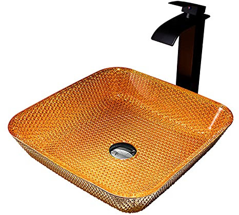 DSeenLeap Badezimmer-Waschbecken, Waschtisch, Glaswaschbecken, Schüssel, quadratisches Aufsatzwaschbecken, Schüssel, Aufsatzwaschbecken, Kunstwaschbecken mit Wasserfall-Wasserhahn
