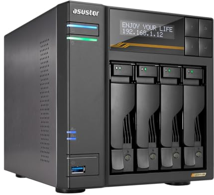 Asustor Lockerstor 4 Gen3 AS6804T, 4 Bay NAS, AMD Ryzen Quad-Core 2.3GHz, 16GB ECC DDR5, 4 M.2 NVMe Slots, Dual 5GbE & 10GbE Port, Network Attached Storage for Video & Content Creators (Diskless)