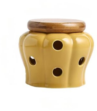 Garlic Pot,Ceramic Garlic Keeper With Ventilation Holes and Wooden Lid,Kitchen Fresh Onion Ginger Storage Container(Yellow)