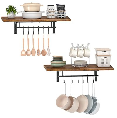 CHOEZON Wall-Mounted Pot Racks, Set of 2 Hanging Pot Rack, Floating Shelves, Wall Shelves, Vintage Pot Hangers for Kitchen, Wall Rack for Kitchen Storage, Rustic Brown and Black TPR26P2BF