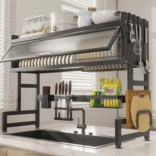 ZHNANDAMAI Scaffale sopra Il Lavello con Copertura Antipolvere, Scolapiatti Regolabile in Acciaio Inossidabile sopra Il Lavandino, Soluzione Salvaspazio per Asciugare i Piatti (Size: 85cm)