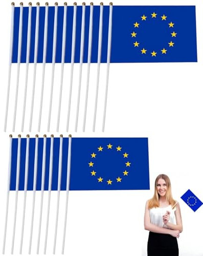 LEEQBCR 20 PCS Bandera Unión Europea Stick,Unión Europea Mini Bandera portátil,Bandera UE,Pequeña bandera UE,mini bandera UE,para celebraciones nacionales y del Día de los Caídos,14X21cm