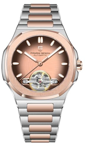 RollsTimi Pagani Design YS025 Men's Automatic Watch Skeleton Dial Tourbillon-Style E3251 Movement Sapphire Crystal 100M Waterproof Stainless Steel Luxury Sports Watch (Gradient Gold-Brown)