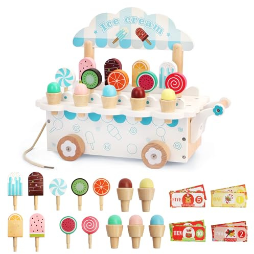 HAUSVIVO Heladería Infantil de Madera – Juguetes Montessori a partir de 2 3 años – Carro de Helado de Madera con Accesorios – Juegos de Rol y Tienda – Regalo para Niñas y Niños – Accesorios de Cocina