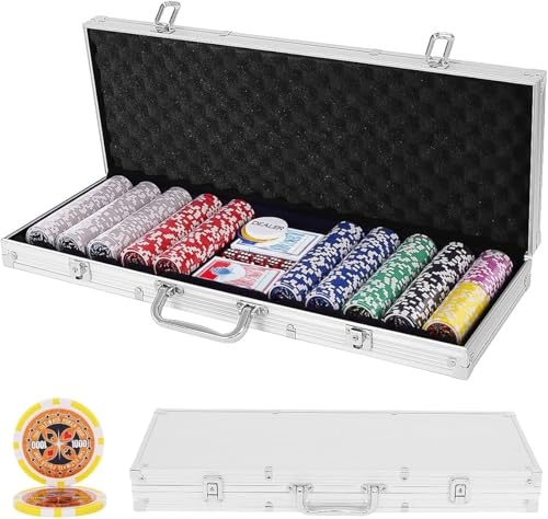 GOPLUS Juego de Póker con Maletín con 500/600 Fichas Peso 11,5 G Set de Póquer con 5 Dados y 2 Baraja de Cartas Maletín de Póker de Aluminio (Plata2)