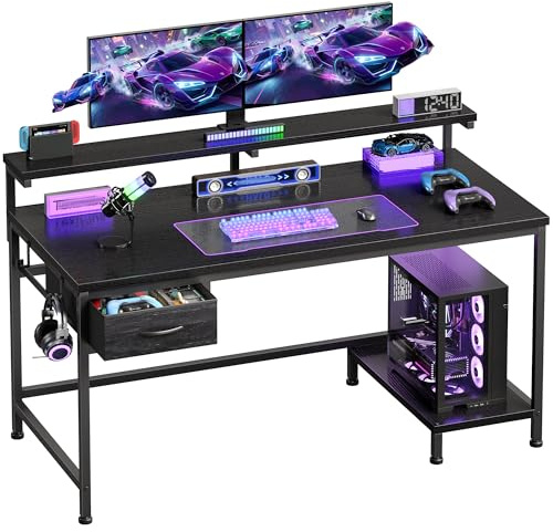 Small Computer Desk, 100x48x75cm Corner Desk with Drawer & Adjustable Monitor Stand, Gaming Desk with Hook & Reversible Shelve, Computer Tables for Home, Office, Bedroom,Study, Easy Assembly, Black