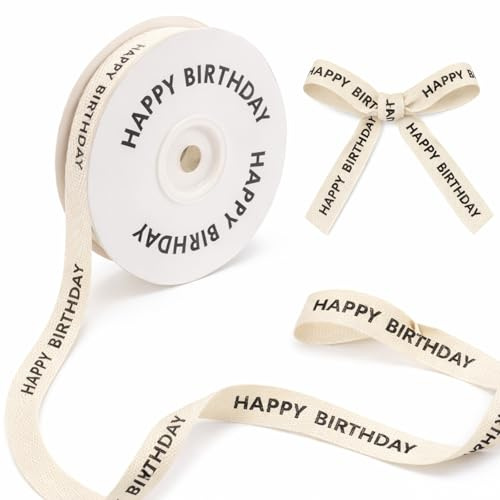 Happy Birthday Cotton Ribbon,Natural Handmade Fringe Ribbons for Gift Wrapping,Crafts,Flower Bouquets,Wedding Decorations,Balloon Ribbon,Personalized Cotton Twill Tape Webbing Strap 10 Yard/1.5cm