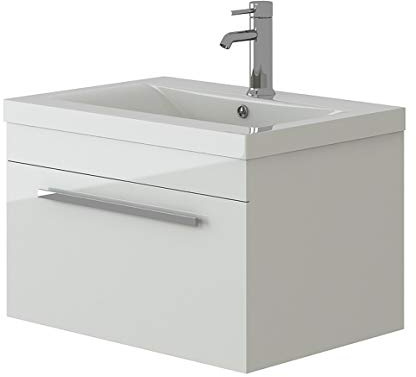VeeBath Venus 600 Wall Hung Vanity Unit, Mid Edge Wash Basin Bathroom Sink, Soft Close Door, Cloakroom Wall Mounted Storage Cabinet- White (Flat Pack)