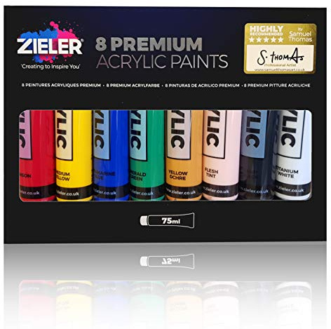 Zieler Premium Acrylic Paint Set (75ml x 8 tubes) For paper, canvas, wood, ceramic, fabric & crafts. Vibrant colours & Rich Pigments with lasting quality - Suitable for all levels