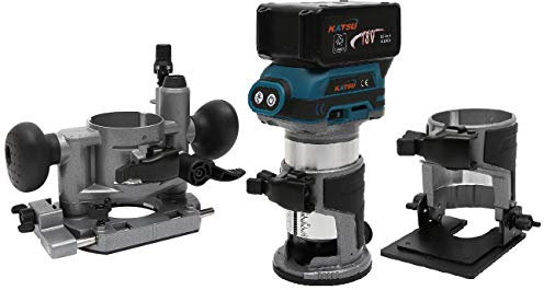 KATSU Juego de Fresadora de Madera Rebajadora Inalámbrica de 18 V con 3 Bases + 3 Pinzas de 6 mm, 8 mm y 10 mm + Batería 4.0 Ah y Cargador