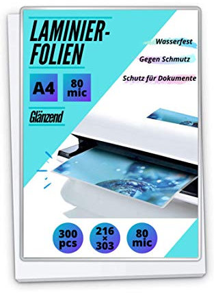 300 PREMIUM Heißlaminierfolien DIN A4 - glänzend - 2 x 80mic (160 mic) - mit abgerundeten Ecken, transparent, glänzend, für den Einsatz zu Hause oder im Büro