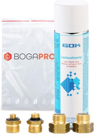 BOGAPRO Euro-Adapter-Set, für den Anschluss europäischer Flüssiggasflaschen an deutsche Druckregler, mit Lecksuchspray und Polybeutel