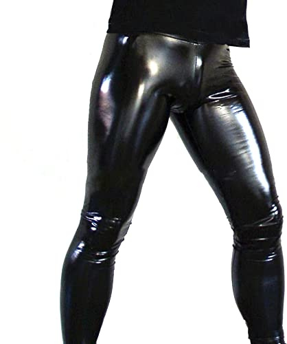 MenQind Leggings lunghi da uomo in similpelle effetto bagnato, colore nero, taglia XL