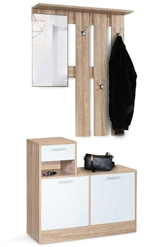IDMarket - Armario para la entrada con espejo Paulin Design Haya puertas blancas