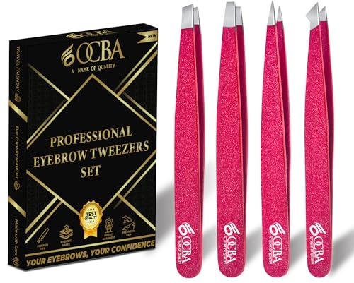 OCBA Tweezers for Facial Hair Women & Men for Precise Grooming of Eyebrows - Professional Stainless Steel Black Color Coated Eyebrow Tweezers for Ingrown Hair on Nose Ear (2 Pcs) (Pink)