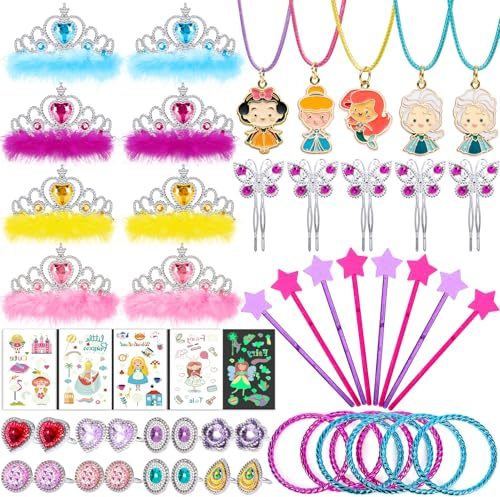 vamei 80pcs Cadeau Anniversaire Fille avec Couronne Princesse Baguette Magique Collier Bracelet Bague Pinces à Cheveux Tatouage Accessoires Déguisement Princesse pour Enfant