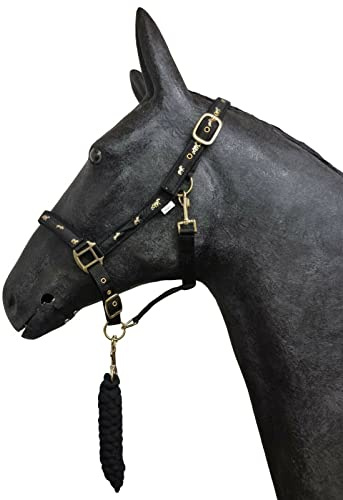 HORSE MASTER Padded Headcollar Lead Rope - Comfortable Stylish Horse Printed Halter with Detachable Leadrope - Stable Yard Equipment for Pony Cob Full and Shetland, Black
