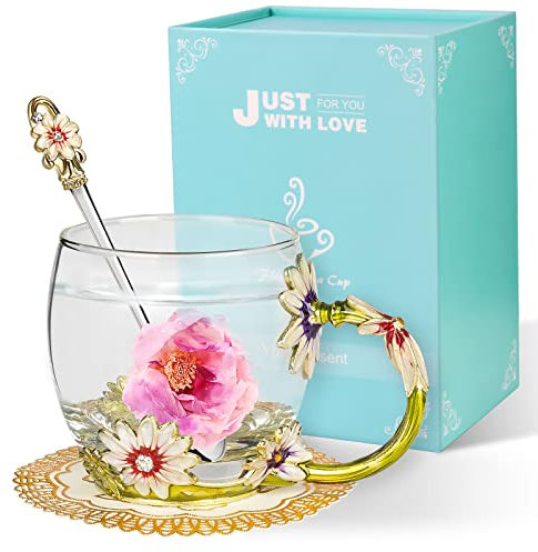 Wisolt Wellness Geschenke für Frauen Teetasse Glas Geschenke für ältere Frauen ihre Weihnachten Jahrestag Valentinstag Muttertag Lehrer Freund mit Löffel Set