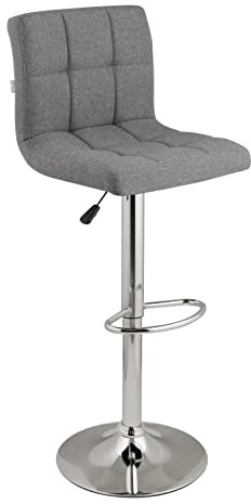 Baroni Home gepolsterter Barhocker oder Küchenhocker, verstellbar und drehbar um 360°, mit Rückenlehne und Fußstütze, Gestell aus verchromtem Stahl, Grau Stoff, 1 Stück