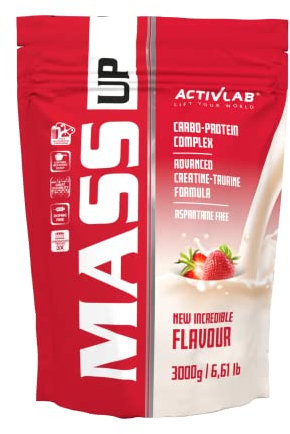 Activlab MASS UP 3kg - Hochkalorisches Weight Gainer Protein Pulver mit Whey Protein, Kreatin und Taurin - Erdbeergeschmack für den Aufbau von Muskelmasse und Kraft - Massive Mass Gainer für Stärke
