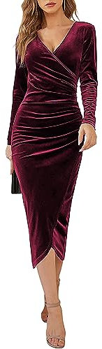 CheChury Damen Samtkleid Bodycon Lang Kleid V-Ausschnitt Langarm Sexy Maxikleid Elegant Schmal Cocktailkleid Partykleid Freizeitkleid Mode Abendkleid Bleistiftkleid Business Party Herbst und Winter