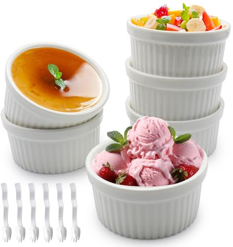 ZSMJAER 6 x Souffleeförmchen Backofenfest,Mini Förmchen 185ml,Ramekins for Baking mit 6er Kuchengabel Edelstahl,Klassische Porzellanschalen für Creme Brulee,Soufflé,Küchlein,Ofengemüse,9.2 * 4.8cm