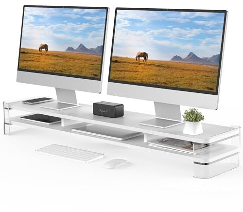 Fenge Dual Monitorständer Riser mit Acrylbein Großer Computer Bildschirmständer für Laptop/PC/Drucker/TV, Tragfähigkeit 45KG, 109,4x23,5x15cm Weiß