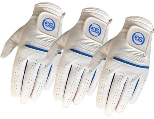 Golf Gloves - Men All Weather Golf Gloves, Cabretta Leather Palm Patch & Thumb, Soft Feel Grip & Comfortable - Right Handed Golfer, for Beginners & Professionals - Pack of 3(Blue, M)