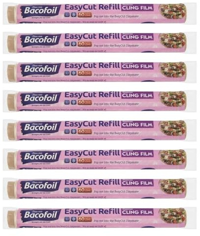 8 x EasyCut Cling Film Refill Rolls Wrapping Freezing Microwaving | Convenient and Durable Kitchen | The Perfect Kitchen Essential | 350mm x 60m | Total 480m of Clingfilm