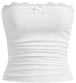 GORGLITTER Damen Crop Top mit Spitzenbesatz Tube Top Trägerlos Sommertop Bandeau Spitzentop Untertop Weiß S