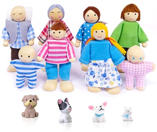 DUOCIYUAN Puppenhaus Puppen, 12 Stück Puppenhaus Figuren mit Katze und Hund Puppen Familie Set Holzpuppe Spielzeug für Kinder Puppenfamilien Biegepuppen für Puppenhaus Zubehör Geschenk
