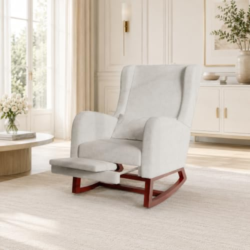 POYHKFD Sedie da Salotto a Dondolo, Sedia a Dondolo Imbottita, Sedia a Dondolo Scandinava con Base in Legno, Poggiapiedi Spesso, 2 Tasche Laterali, 1 Cuscino Lombare (Grigio+Poggiapiedi)