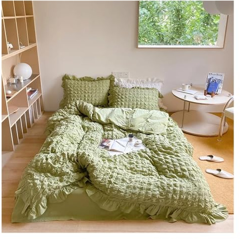 White/Blue Seersucker Textured Duvet Cover Set 100% Washed Cotton Feel Soft Comfortable Bed Sheet Pillowcases 4Pcs,Cotton Duvet