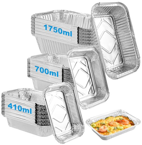 Oungy 60 Stück Alu Grillschalen Wiederverwendbar, 410ml/700ml/1750ml Aluschalen Grill Klein, Fettauffangschale Gasgrill Aluschalen für Braten Kochen Backen, Grillschale Alu