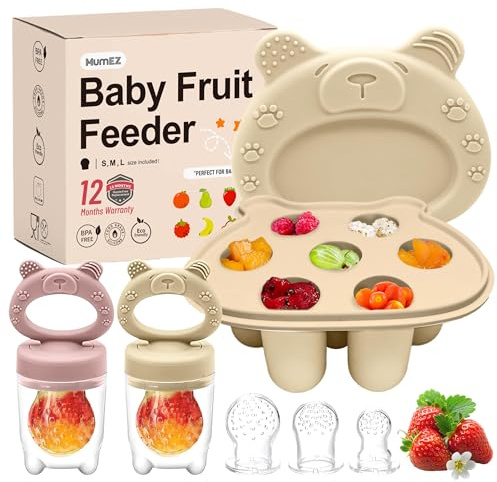 Ciuccio Frutta Neonati - Set di mangiatoie per frutta per bambini, include 2 mangiatoie per alimenti con tettarelle di 3 dimensioni, mangiatoia in silicone per bambini