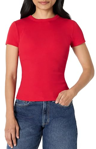 Amazon Essentials Women's Slim-Fit Stretch Rib Short-Sleeve Tee, Red, Medium